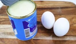 Ņemu kārbu iebiezināta piena, divas olas un gatavoju īstu gardumu tējai