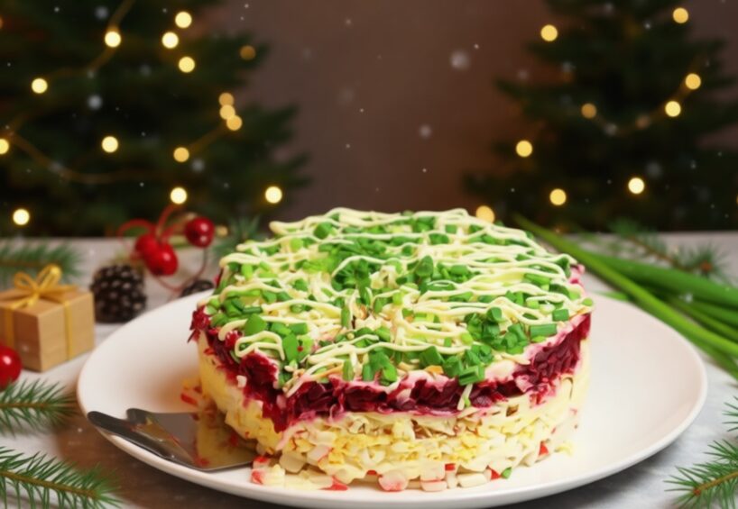 Ziemas karnevāls uz šķīvja: Salāti ar krabju nūjiņām, kas ideāli papildinās jebkuru svētku galdu