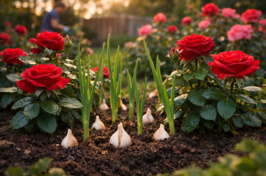 Kāpēc pieredzējuši dārznieki mēdz stādīt ķiplokus starp rozēm